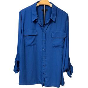 Investments 2XL Blue Blouse Top Pockets Collar Flowy Button Front Flowy Relaxed